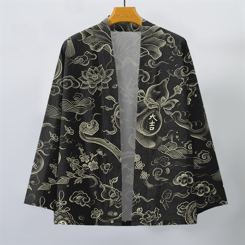 Buddha Stones Kimono pour homme en coton à motif de nuages ​​et de lotus, ouvert sur le devant - image 1