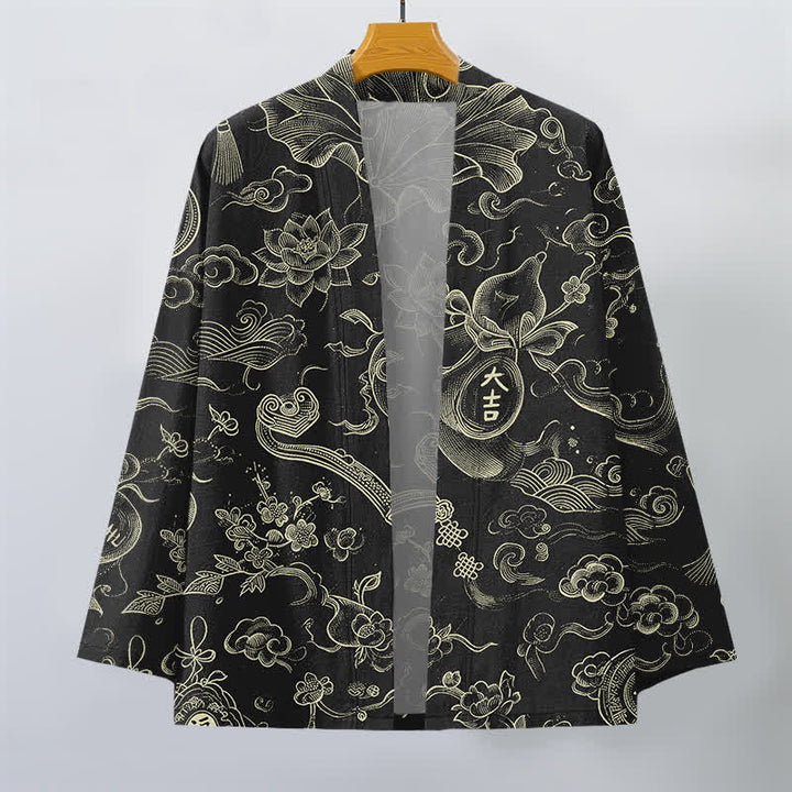 Buddha Stones Kimono pour homme en coton à motif de nuages ​​et de lotus, ouvert sur le devant - image 1