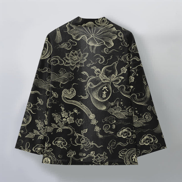 Buddha Stones Kimono pour homme en coton à motif de nuages ​​et de lotus, ouvert sur le devant - image 2