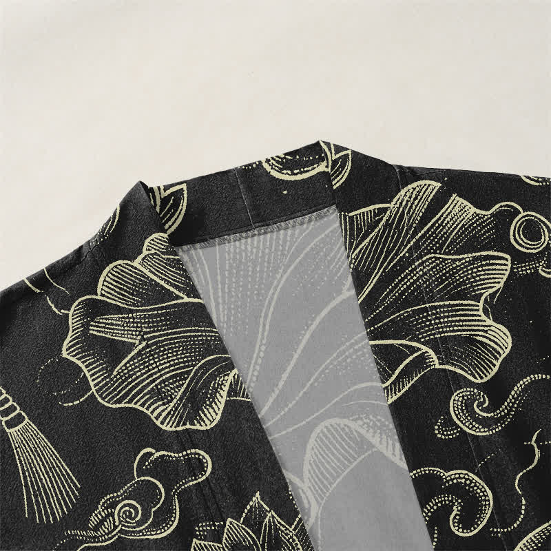 Buddha Stones Kimono pour homme en coton à motif de nuages ​​et de lotus, ouvert sur le devant - image 3