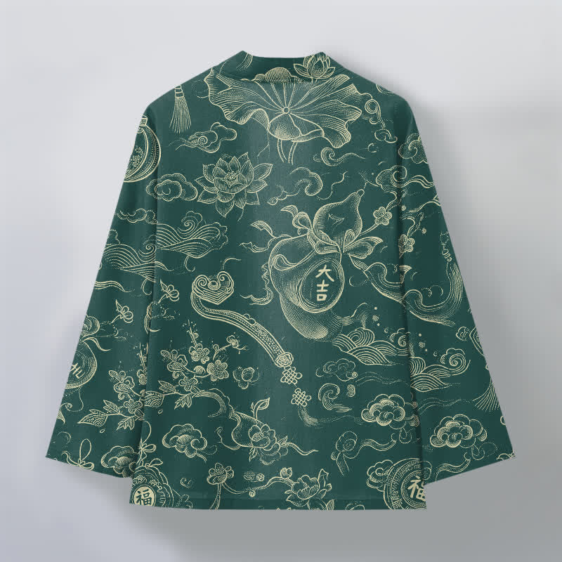 Buddha Stones Kimono pour homme en coton à motif de nuages ​​et de lotus, ouvert sur le devant - image 8
