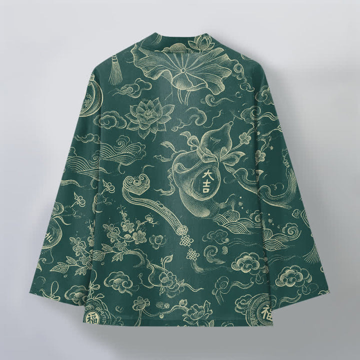 Buddha Stones Kimono pour homme en coton à motif de nuages ​​et de lotus, ouvert sur le devant - image 8