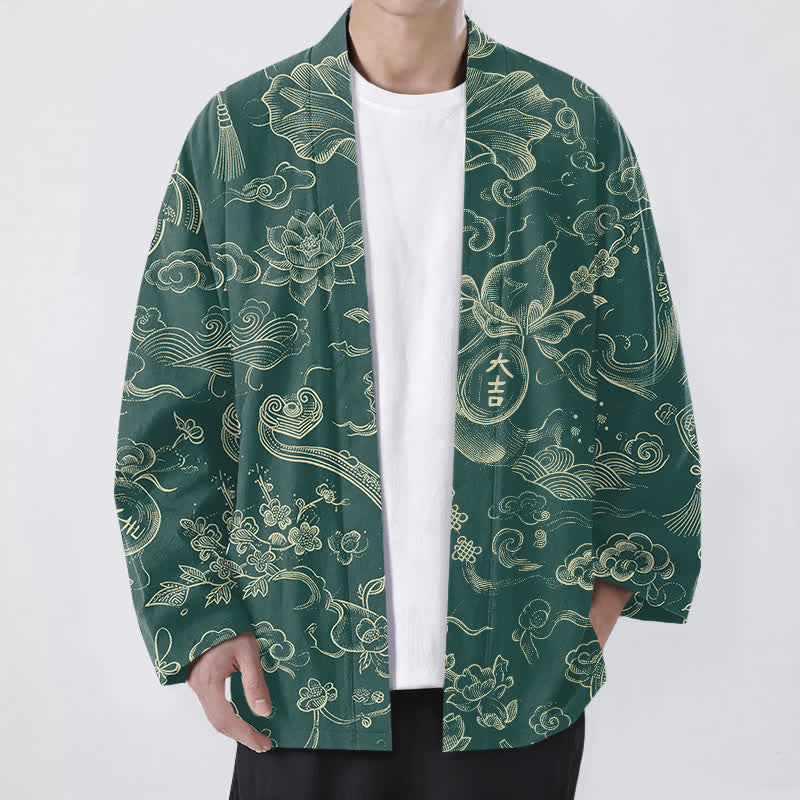 Buddha Stones Kimono pour homme en coton à motif de nuages ​​et de lotus, ouvert sur le devant - Vert d'eau - US/UK/AU48，EU58 (4XL) - image 6