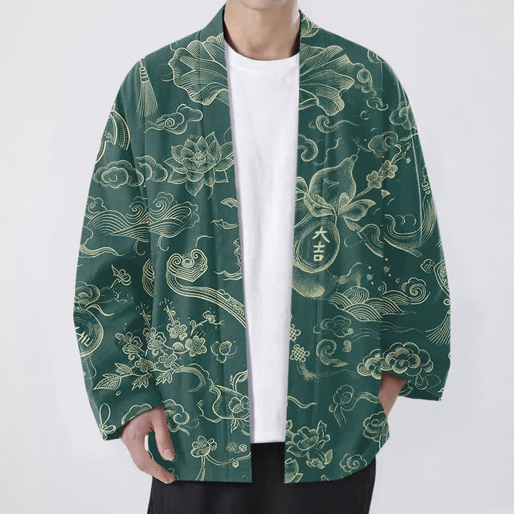 Buddha Stones Kimono pour homme en coton à motif de nuages ​​et de lotus, ouvert sur le devant - Vert d'eau - US/UK/AU48，EU58 (4XL) - image 6