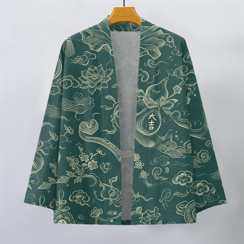 Buddha Stones Kimono pour homme en coton à motif de nuages ​​et de lotus, ouvert sur le devant - image 7