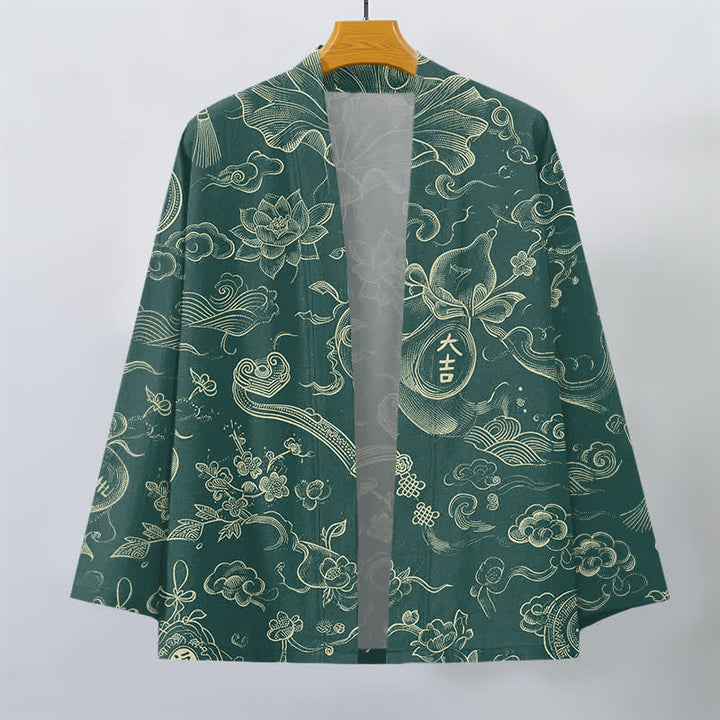 Buddha Stones Kimono pour homme en coton à motif de nuages ​​et de lotus, ouvert sur le devant - image 7