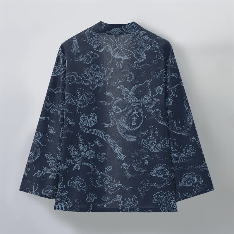 Buddha Stones Kimono pour homme en coton à motif de nuages ​​et de lotus, ouvert sur le devant - image 11