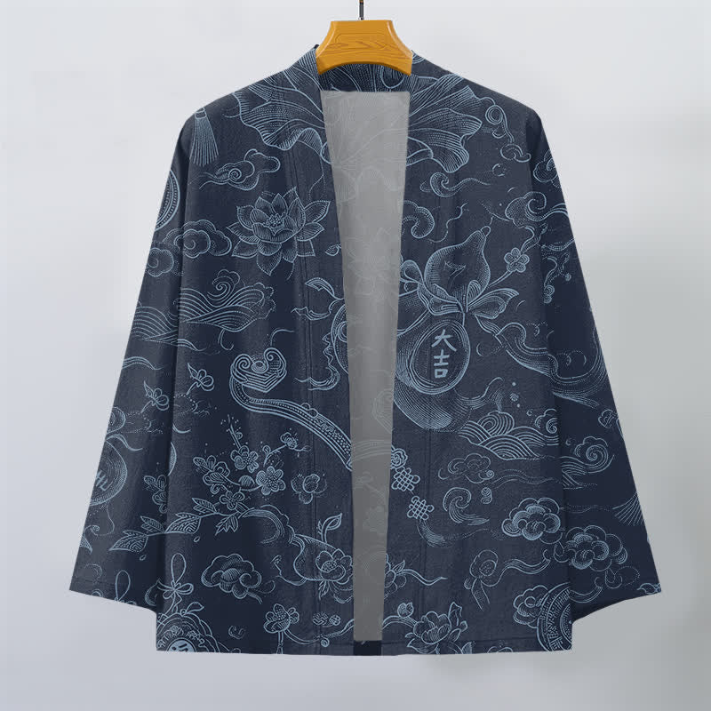 Buddha Stones Kimono pour homme en coton à motif de nuages ​​et de lotus, ouvert sur le devant - image 10