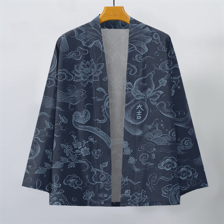 Buddha Stones Kimono pour homme en coton à motif de nuages ​​et de lotus, ouvert sur le devant - image 10