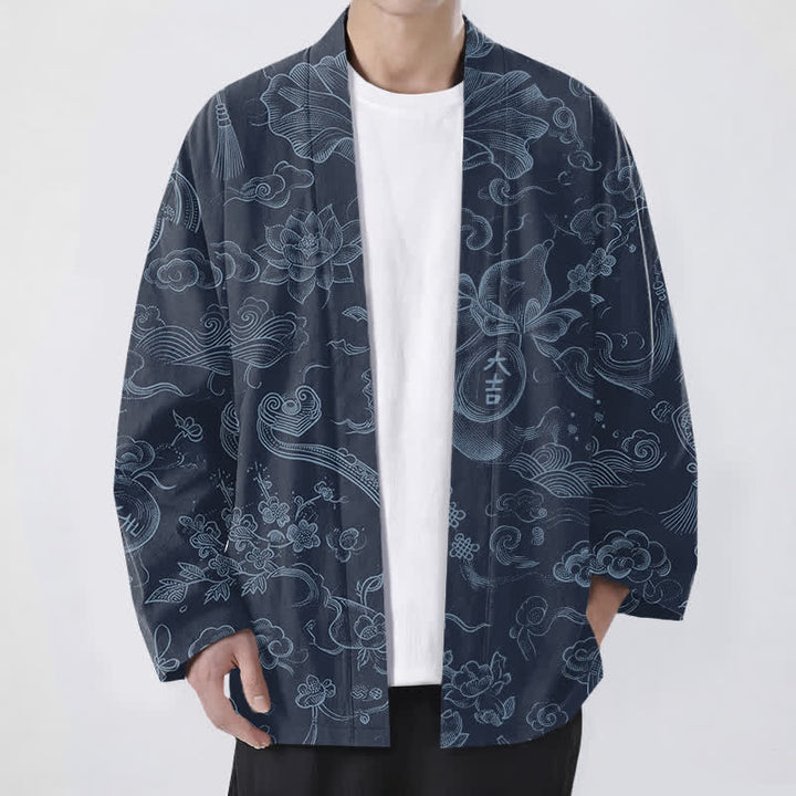 Buddha Stones Kimono pour homme en coton à motif de nuages ​​et de lotus, ouvert sur le devant - Marine - US/UK/AU48，EU58 (4XL) - image 9