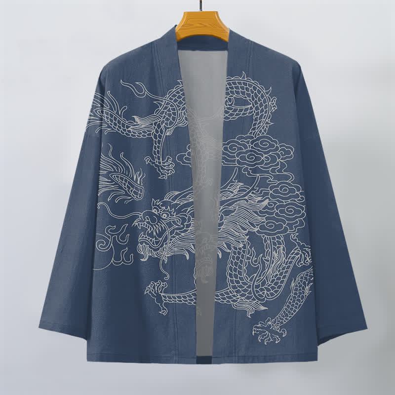 Buddha Stones Kimono pour homme en coton blanc à motif de dragon et de nuages, ouvert sur le devant - image 1
