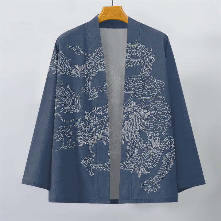Buddha Stones Kimono pour homme en coton blanc à motif de dragon et de nuages, ouvert sur le devant - image 1