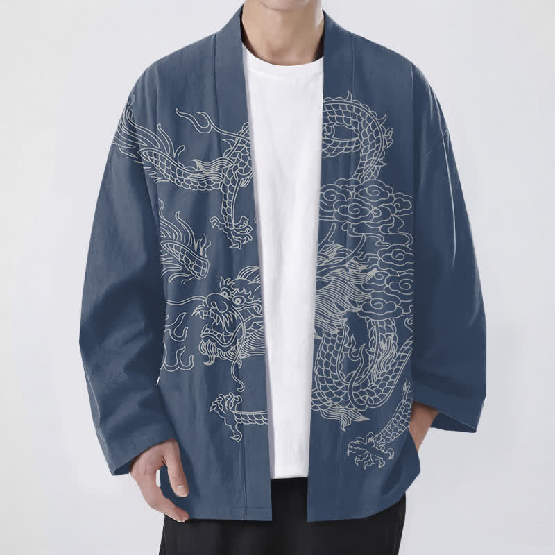 Buddha Stones Kimono pour homme en coton blanc à motif de dragon et de nuages, ouvert sur le devant - SteelBlue - US/UK/AU48，EU58 (4XL) - image 0