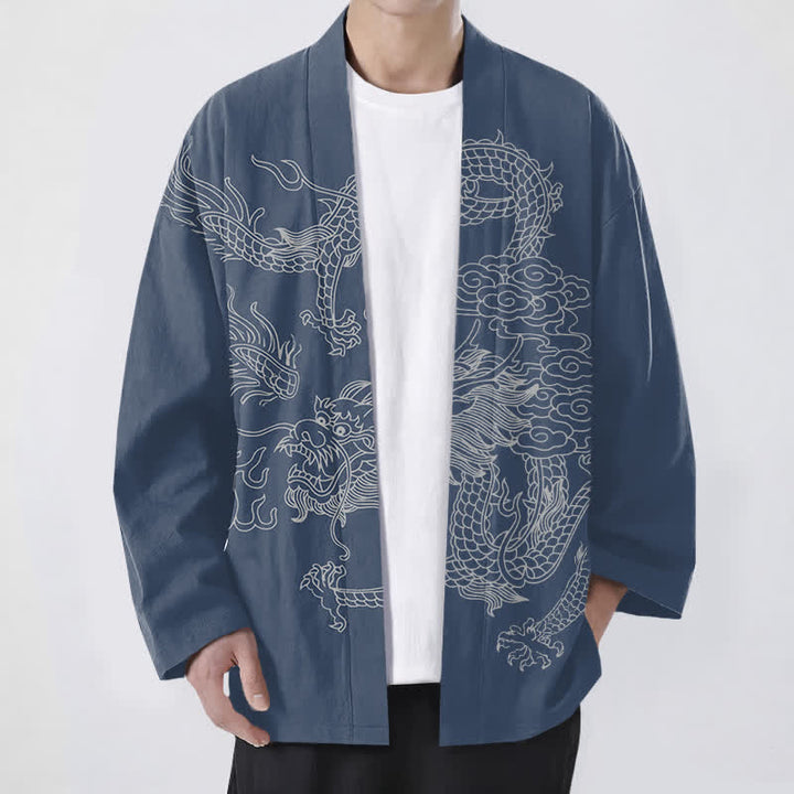Buddha Stones Kimono pour homme en coton blanc à motif de dragon et de nuages, ouvert sur le devant - SteelBlue - US/UK/AU48，EU58 (4XL) - image 0