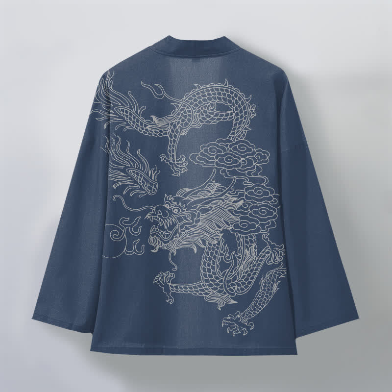 Buddha Stones Kimono pour homme en coton blanc à motif de dragon et de nuages, ouvert sur le devant - image 2