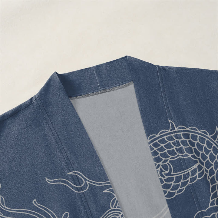 Buddha Stones Kimono pour homme en coton blanc à motif de dragon et de nuages, ouvert sur le devant - image 3