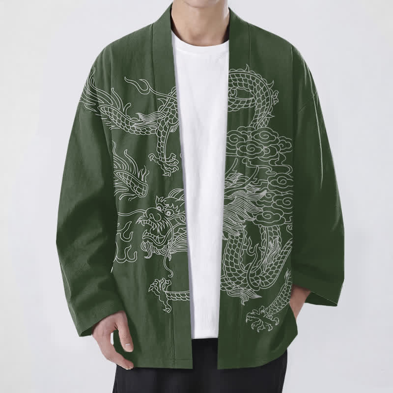 Buddha Stones Kimono pour homme en coton blanc à motif de dragon et de nuages, ouvert sur le devant - Vert foncé - US/UK/AU48，EU58 (4XL) - image 6