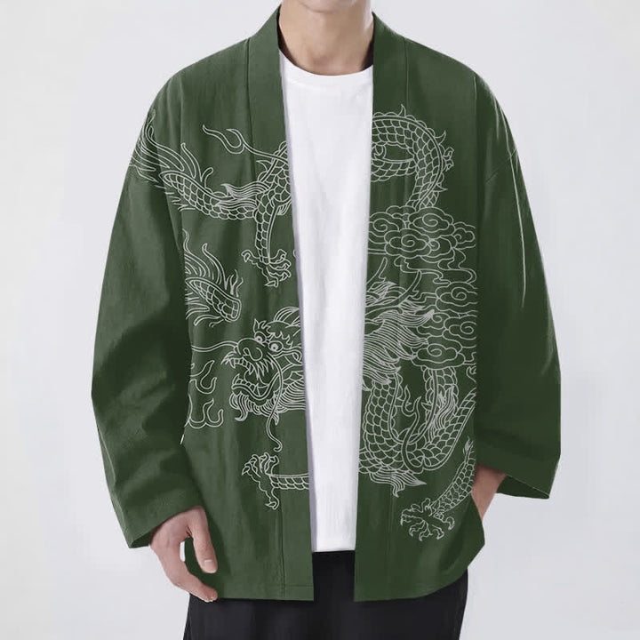 Buddha Stones Kimono pour homme en coton blanc à motif de dragon et de nuages, ouvert sur le devant - Vert foncé - US/UK/AU48，EU58 (4XL) - image 6