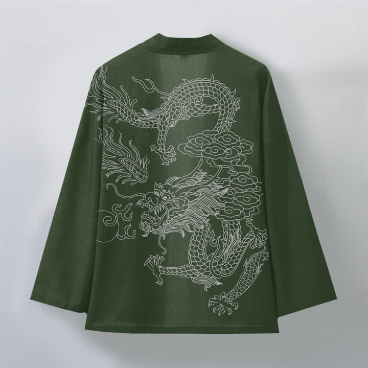 Buddha Stones Kimono pour homme en coton blanc à motif de dragon et de nuages, ouvert sur le devant - image 8