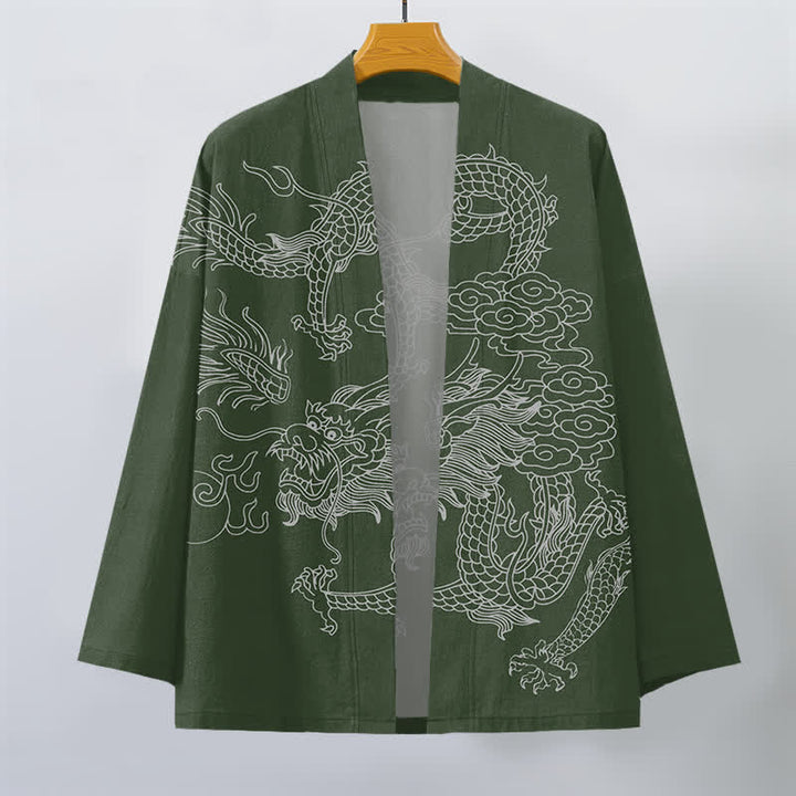 Buddha Stones Kimono pour homme en coton blanc à motif de dragon et de nuages, ouvert sur le devant - image 7