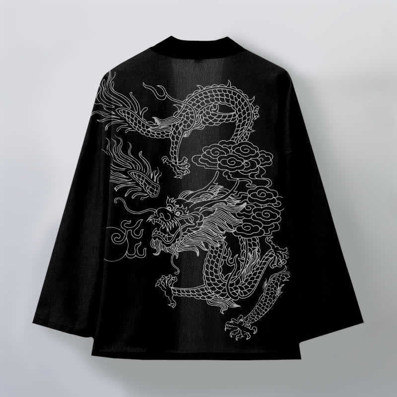 Buddha Stones Kimono pour homme en coton blanc à motif de dragon et de nuages, ouvert sur le devant - image 11