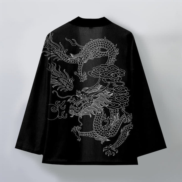 Buddha Stones Kimono pour homme en coton blanc à motif de dragon et de nuages, ouvert sur le devant - image 11