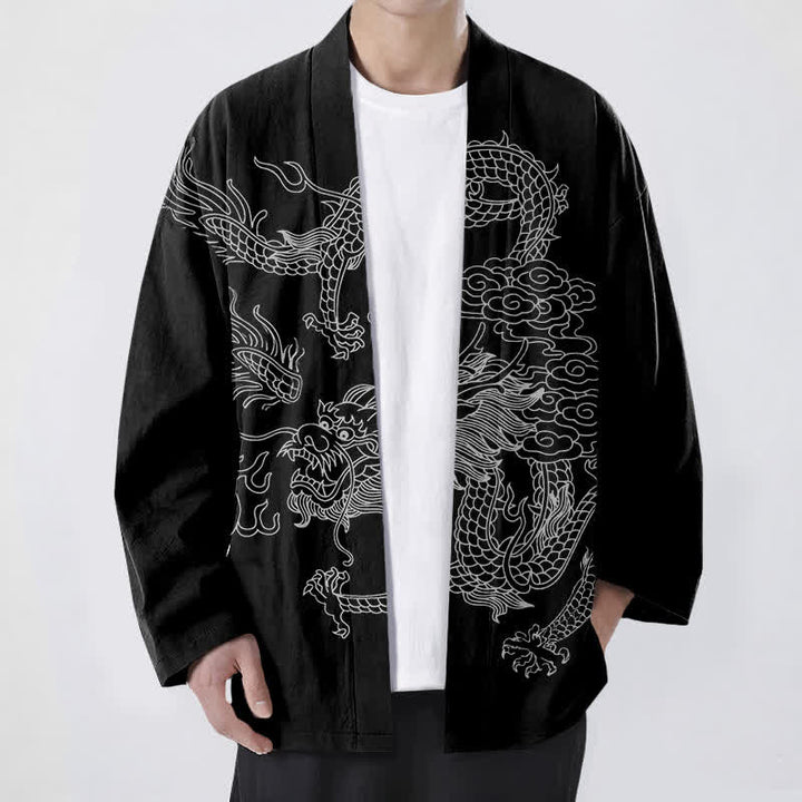 Buddha Stones Kimono pour homme en coton blanc à motif de dragon et de nuages, ouvert sur le devant - Noir - US/UK/AU48，EU58 (4XL) - image 9