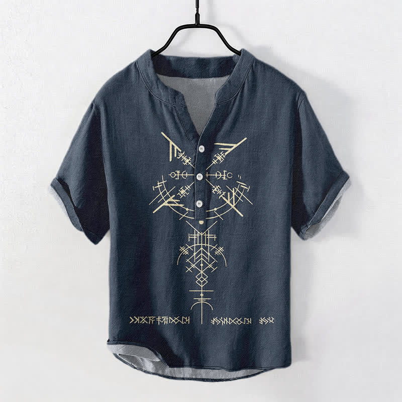 Buddha Stones Chemise à manches courtes pour homme en coton à motif runique géométrique tribal et demi-boutonnage - Marine - US/UK/AU50，EU60 (5XL) - image 0