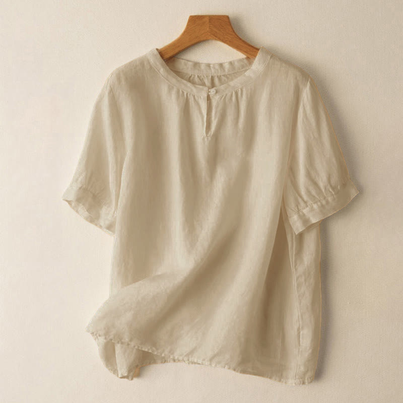 Chemise en lin décontractée pour femme, col rond uni, manches courtes, à boutons, motif Buddha Stones - Beige - US8-10，UK/AU12-14，EU40-42 (2XL) - image 0