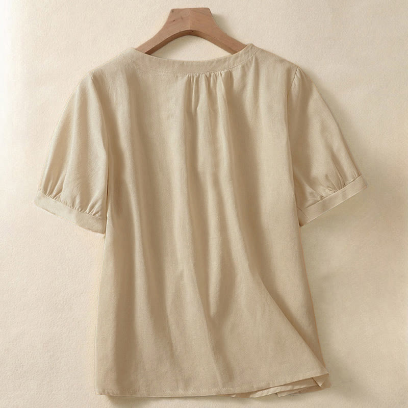 Chemise en lin décontractée pour femme, col rond uni, manches courtes, à boutons, motif Buddha Stones - image 1