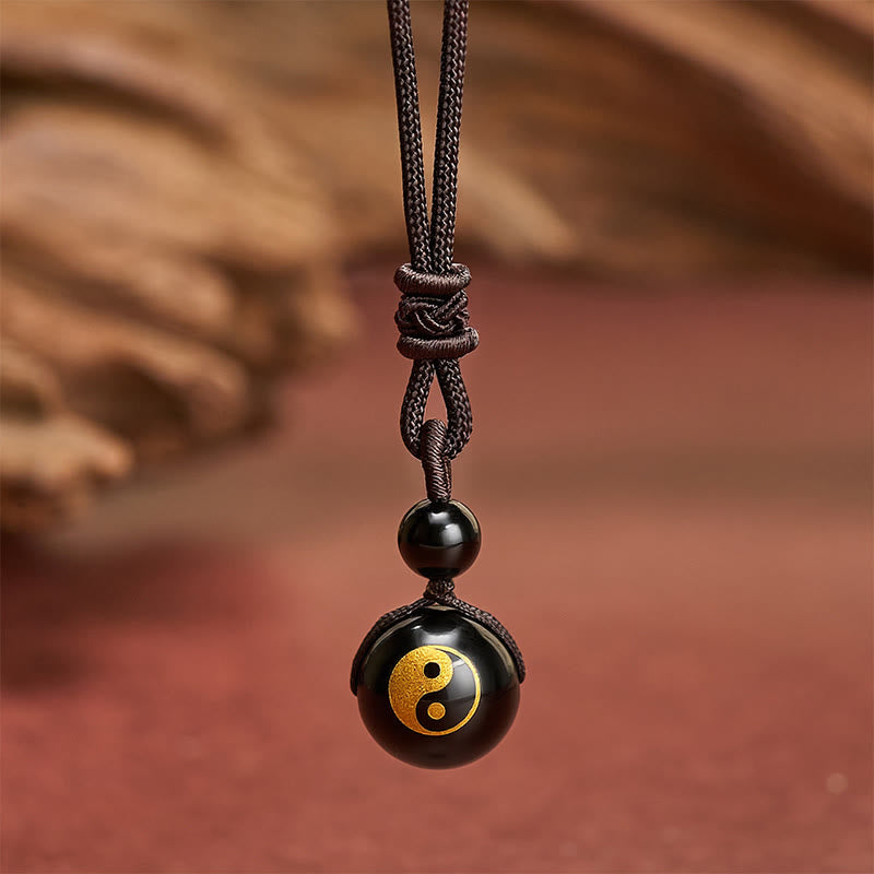 Buddha Stones Pendentif Yin Yang de purification en obsidienne noire sculptée, symbole de purification. - Motif Yin Yang estampé à l'or - 26,8 po / 68 cm - image 6