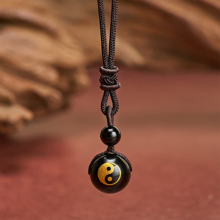 Buddha Stones Pendentif Yin Yang de purification en obsidienne noire sculptée, symbole de purification. - Motif Yin Yang estampé à l'or - 26,8 po / 68 cm - image 6