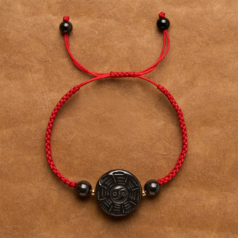 Buddha Stones Bracelet de bénédiction Bagua rond en obsidienne noire et fil rouge - Cordon rouge (Tour de poignet : 15 à 17 cm) - Environ 22 × 9 mm - image 0