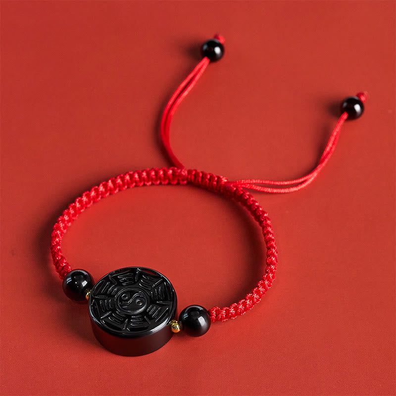Buddha Stones Bracelet de bénédiction Bagua rond en obsidienne noire et fil rouge - image 2