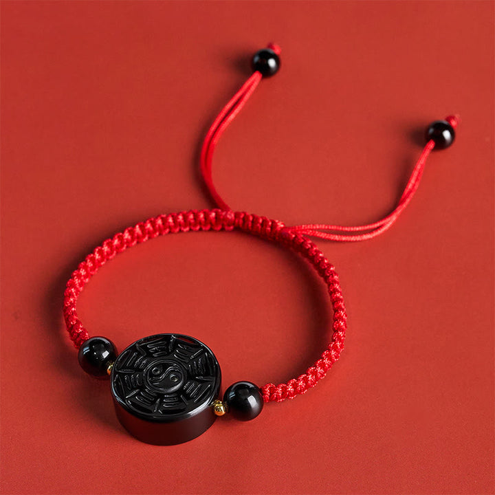 Buddha Stones Bracelet de bénédiction Bagua rond en obsidienne noire et fil rouge - image 2