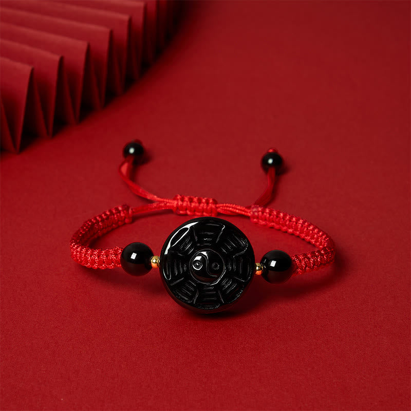 Buddha Stones Bracelet de bénédiction Bagua rond en obsidienne noire et fil rouge - image 3