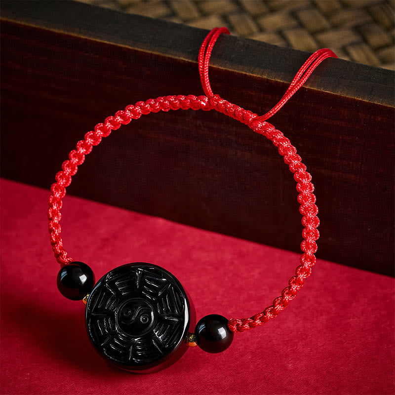 Buddha Stones Bracelet de bénédiction Bagua rond en obsidienne noire et fil rouge - image 1