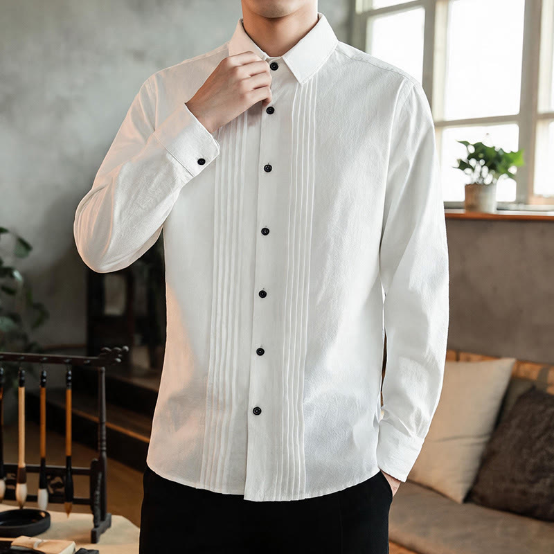 Buddha Stones Chemises à manches longues pour hommes, style minimaliste printanier, à plis pincés et boutons, unies - image 1