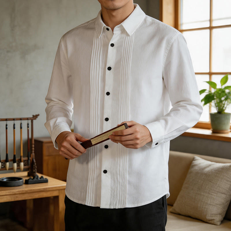 Buddha Stones Chemises à manches longues pour hommes, style minimaliste printanier, à plis pincés et boutons, unies - Blanc - US/UK/AU46, EU56 (5XL) - image 0