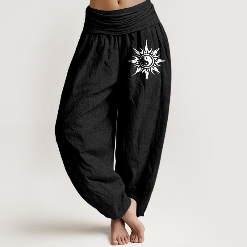 Buddha Stones Pantalon harem pour femme en pur coton, motif Yin Yang et soleil, taille élastique - Noir - US16，UK/AU20，EU48 (3XL) - image 0