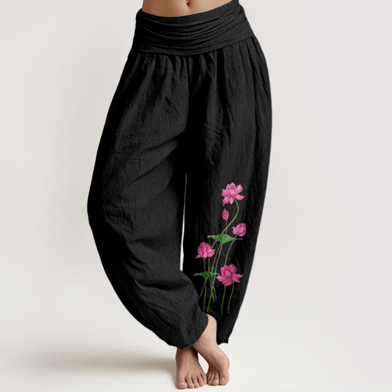 Buddha Stones Pantalon harem pour femme en pur coton rose à motif floral lotus et taille élastique - Noir - US16，UK/AU20，EU48 (3XL) - image 0