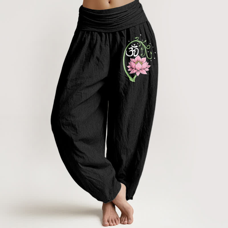 Buddha Stones Pantalon harem pour femme en pur coton à motif lotus et taille élastique - Noir - US16，UK/AU20，EU48 (3XL) - image 0
