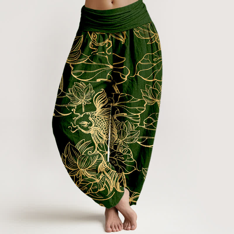 Buddha Stones Pantalon harem à taille élastique pour femme, en coton, motif poissons et lotus. - Vert foncé - US16，UK/AU20，EU48 (3XL) - image 0