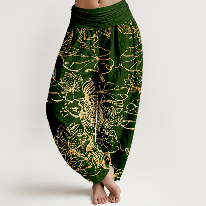 Buddha Stones Pantalon harem à taille élastique pour femme, en coton, motif poissons et lotus. - Vert foncé - US16，UK/AU20，EU48 (3XL) - image 0