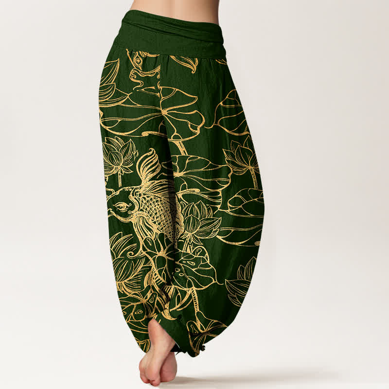Buddha Stones Pantalon harem à taille élastique pour femme, en coton, motif poissons et lotus. - image 2