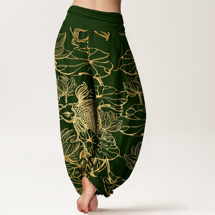 Buddha Stones Pantalon harem à taille élastique pour femme, en coton, motif poissons et lotus. - image 2