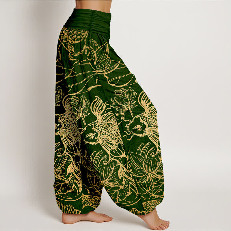 Buddha Stones Pantalon harem à taille élastique pour femme, en coton, motif poissons et lotus. - image 1