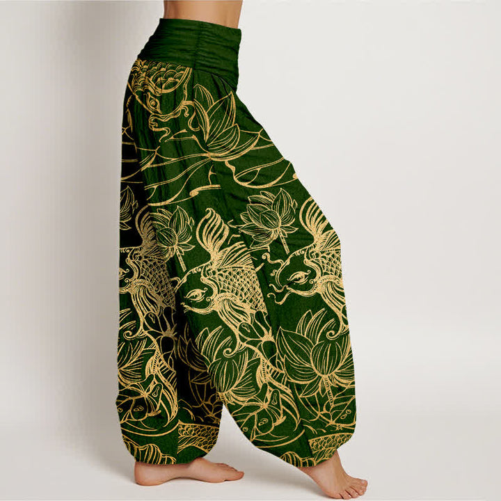 Buddha Stones Pantalon harem à taille élastique pour femme, en coton, motif poissons et lotus. - image 1