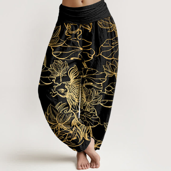 Buddha Stones Pantalon harem à taille élastique pour femme, en coton, motif poissons et lotus. - Noir - US16，UK/AU20，EU48 (3XL) - image 5