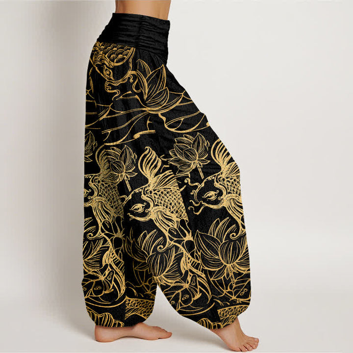 Buddha Stones Pantalon harem à taille élastique pour femme, en coton, motif poissons et lotus. - image 6